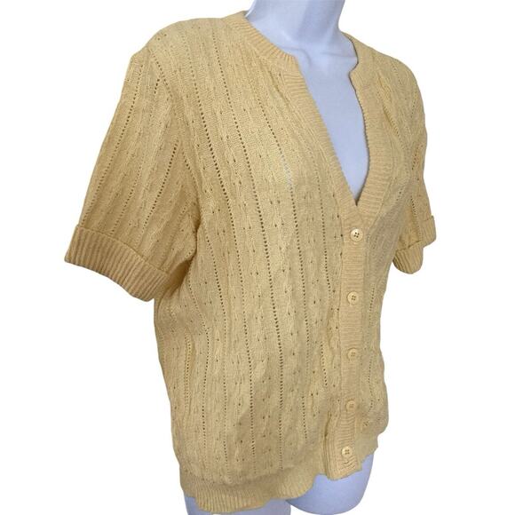 Vintage 70s 80s Yellow Cottage Preppy Cable Knit Cardigan Sweater Top Size S/M - Picture 3 of 5